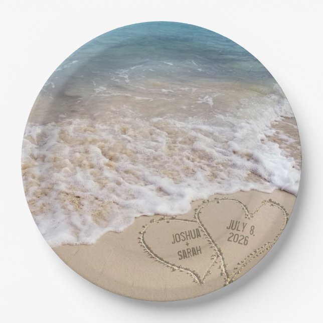 Wedding Beach Hearts with Names Paper Plate (Front)