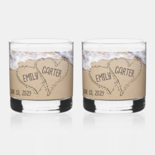 Wedding Beach Hearts with Names Whiskey Glass