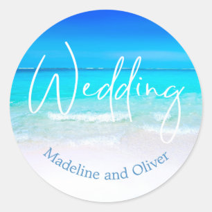 Wedding Beach Ocean Blue Sand Modern Destination Classic Round Sticker