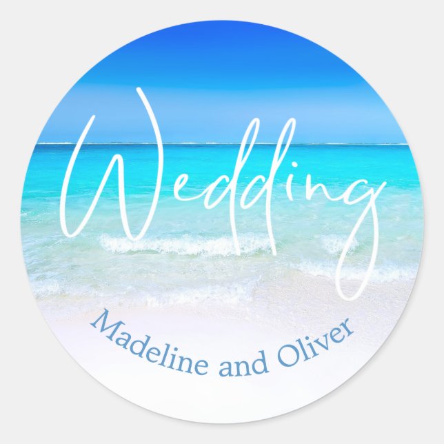 Wedding Beach Ocean Blue Sand Modern Destination Classic Round Sticker (Front)