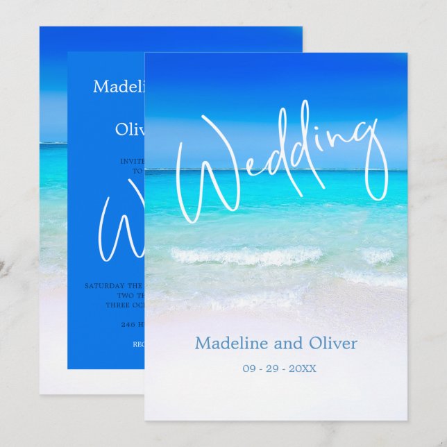 Wedding Beach Ocean Blue Sand Modern Destination Invitation (Front/Back)