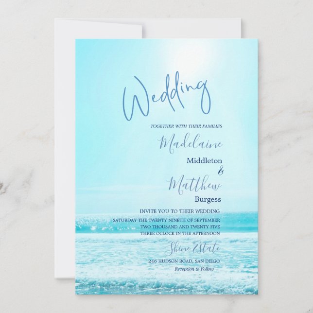 Wedding Beach Ocean Scene Blue Modern Stylish Invitation (Front)