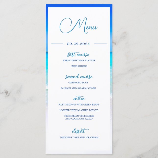 Wedding Beach Sea Blue Ocean  Summer Monogram Menu (Front)