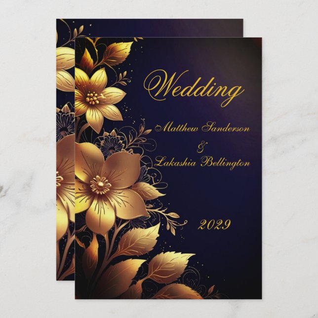 Wedding Beautiful Gold flowers Modern Invitation (Front/Back)