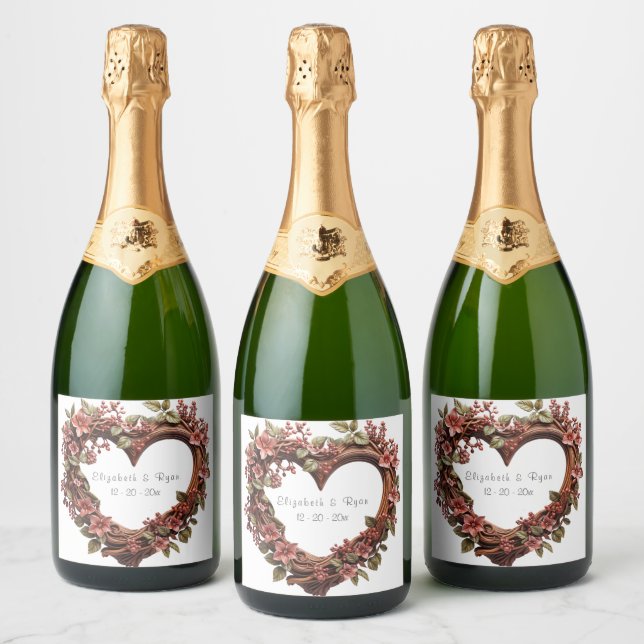 Wedding Beautiful Heart Wreath Red Flowers Sparkling Wine Label (Bottles)