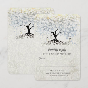 Wedding Bell Blue Heart Leaf Tree Wedding RSVP Invitation