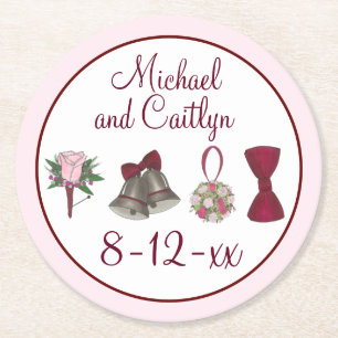 Wedding Bells Flowers Bow Tie Bridal Rose Bouquet Round Paper Coaster