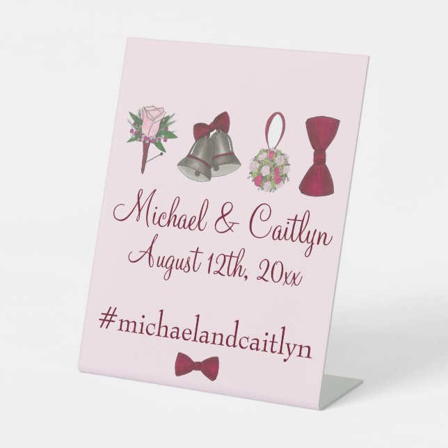 Wedding Bells Flowers Bow Tie Personalised Napkins Pedestal Sign (Front)