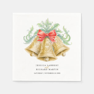 Wedding bells gold green with red bow watercolor napkin