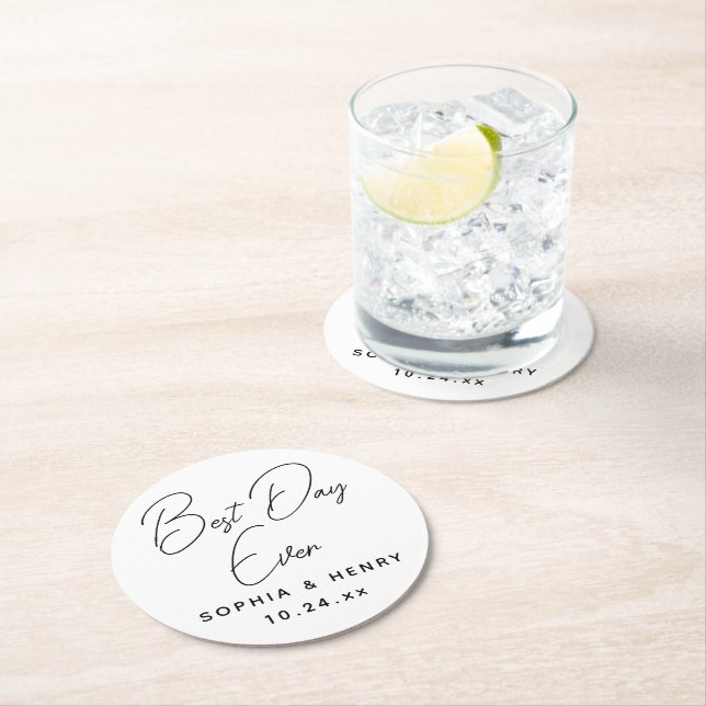 Wedding Best Day Ever Modern Elegant Round Paper Coaster (Insitu)