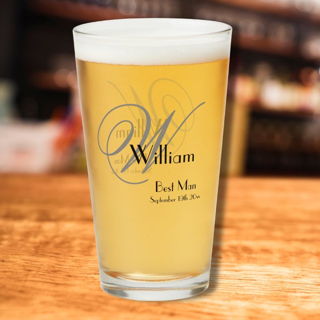 Wedding Best Man Gift Elegant Monogram & Name Cool Glass (The Elegant Monogram with Name and Date makes for a Cool Pint Glass Gift for your Best Man.)