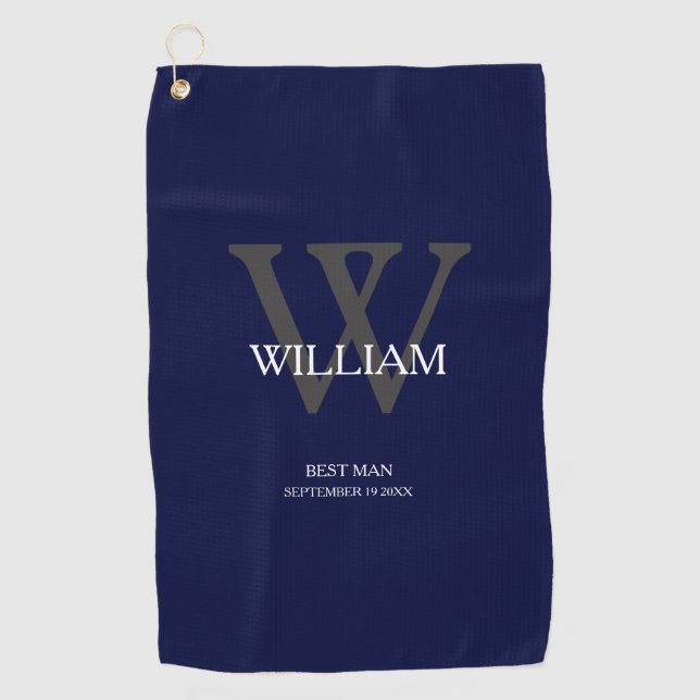 Wedding Best Man Gift Elegant Monogram Navy Blue Golf Towel (Front)