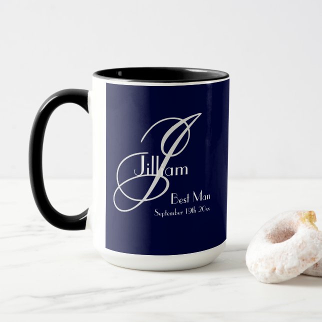  Wedding Best Man Gift Modern Monogram Name Navy  Mug (With Donut)