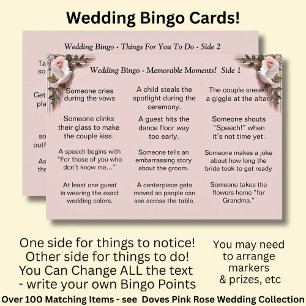 Wedding BINGO!  Game for Guests Dove Roses Pink Card
