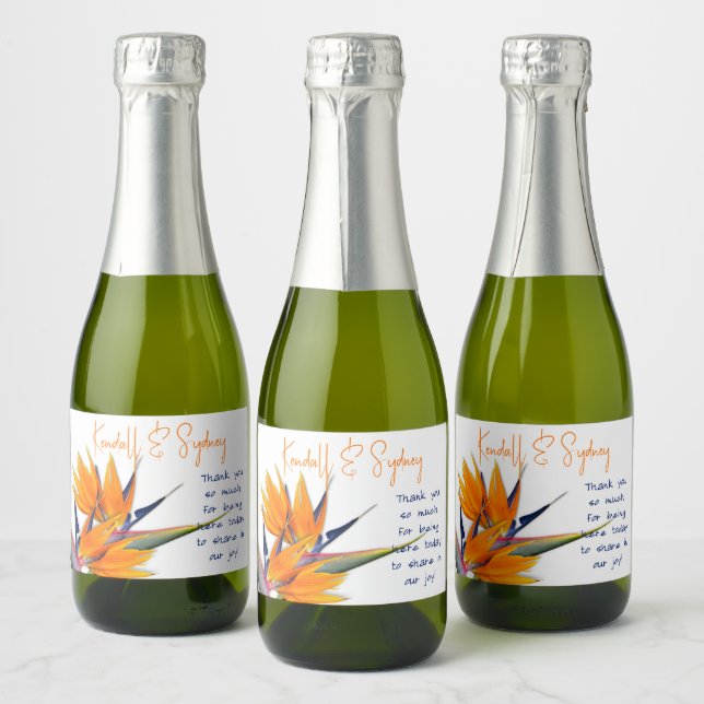 Wedding Bird of Paradise Flowers Thank You Sparkling Wine Label (Bottles)