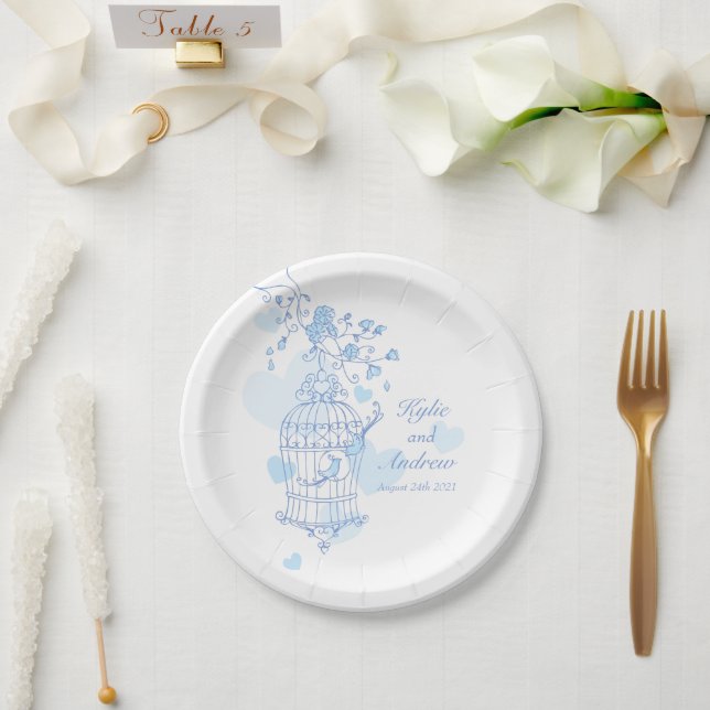 Wedding birdcage birds blue custom paper plate (Wedding)