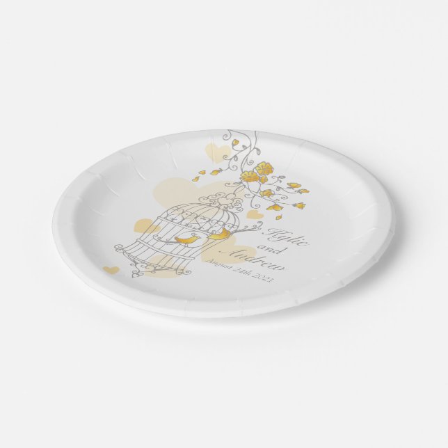Wedding birdcage birds yellow custom paper plate (Angled)