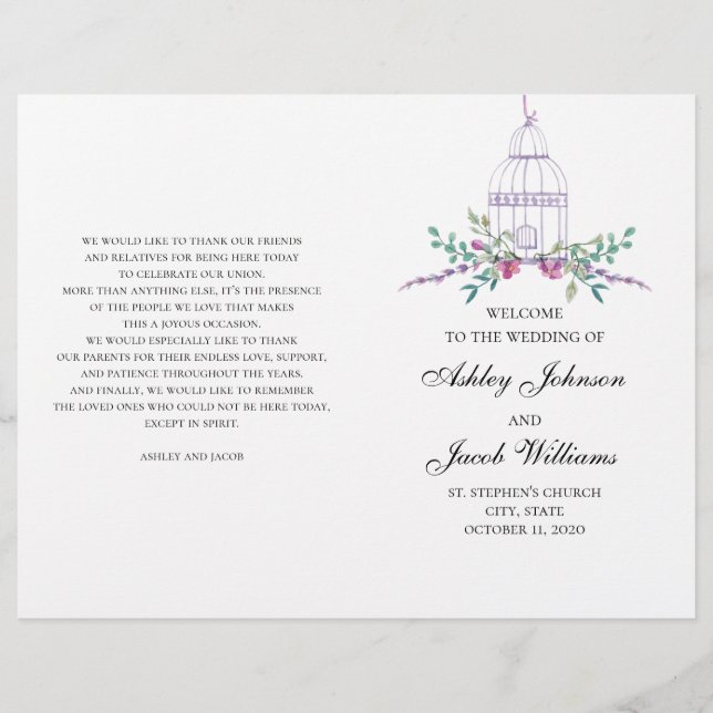 Wedding birdcage program folded. Purple flowers (Front)