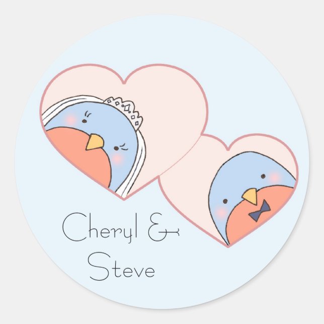 Wedding Birds in Hearts Blue Classic Round Sticker (Front)