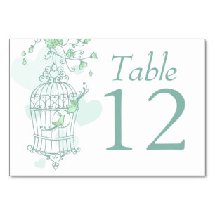 Wedding birds open birdcage green table numbers