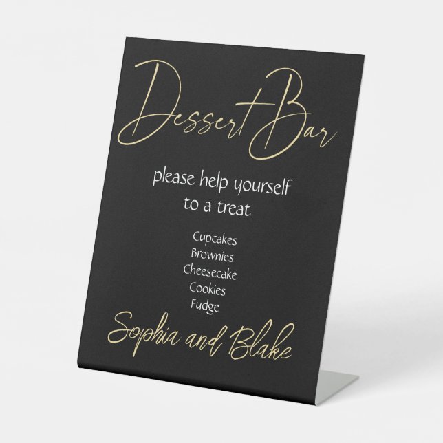 Wedding Black and Gold Dessert Bar Pedestal Sign (Front)