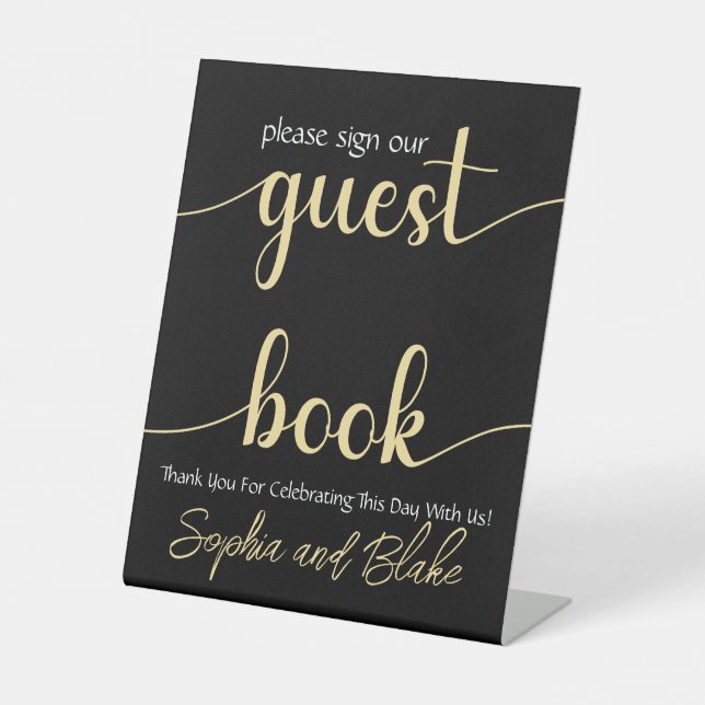 Wedding Black and Gold Guest Book Pedestal Sign (Front)
