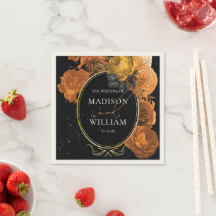 Wedding Black and Orange Floral Personalised Napkin