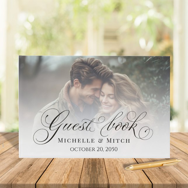 Wedding Black and White Calligraphy Photo Guest Book (Wedding Guest book with photo template on the front and back)