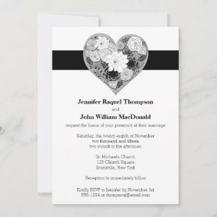Wedding Black and White Floral Heart Invitation