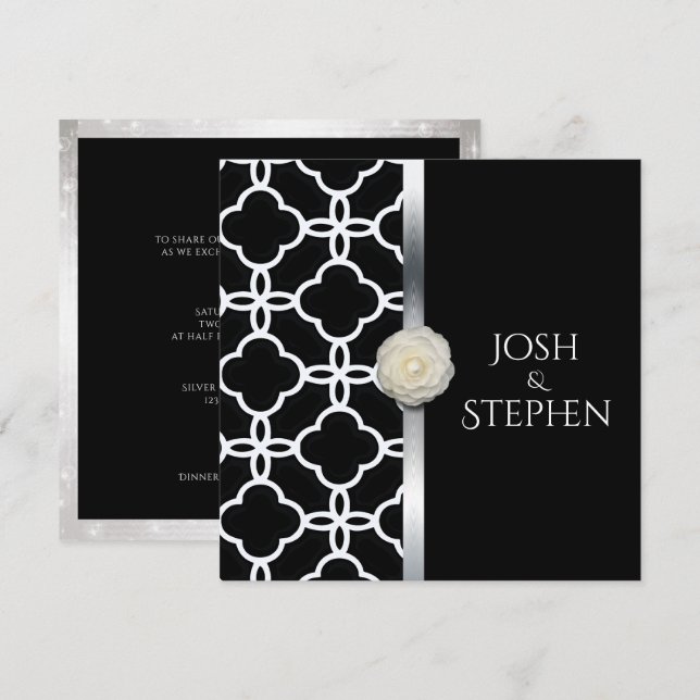 Wedding Black and White Quatrefoil White Rose Invitation (Front/Back)