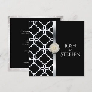 Wedding Black and White Quatrefoil White Rose Invitation