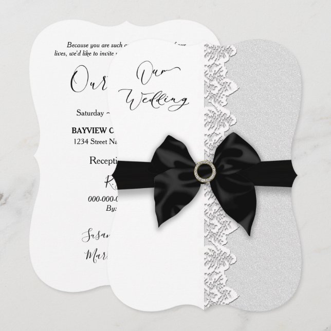 Wedding , Black Bow/Ribbon, Lace (Faux) Border Invitation (Front/Back)