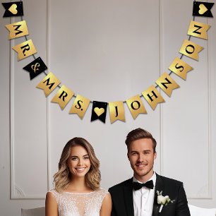 Wedding Black Faux Gold Hearts Mr & Mrs Last Name Bunting