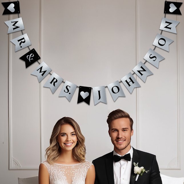 Wedding Black Faux Silver Foil Hearts Mr. and Mrs. Bunting (Creator Uploaded)