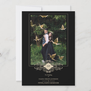 Wedding Black Flourish Gold Lace Initials Invitation