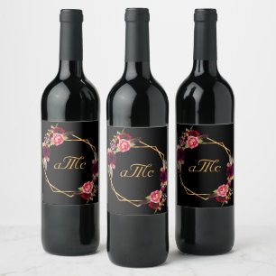 Wedding black flowers burgundy monogram initials wine label