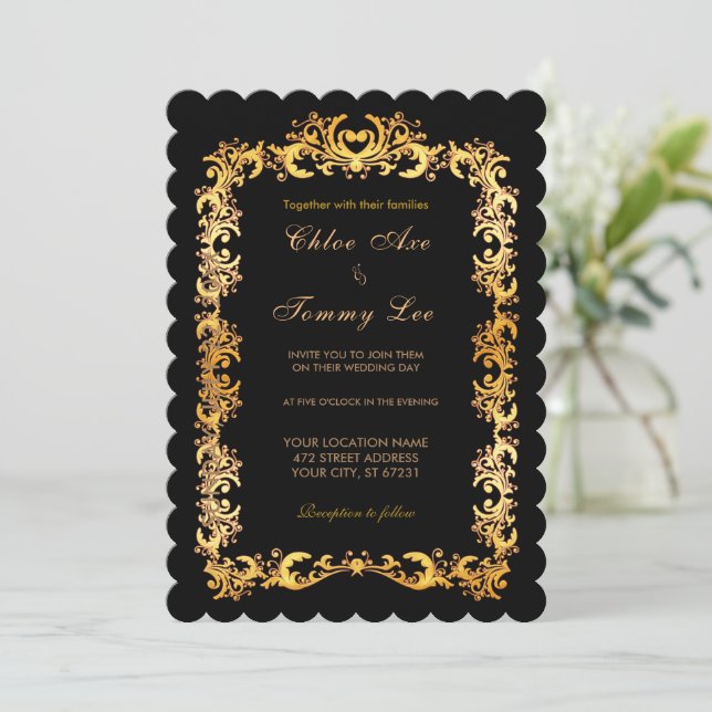 Wedding Black Gold border Invitation (Standing Front)