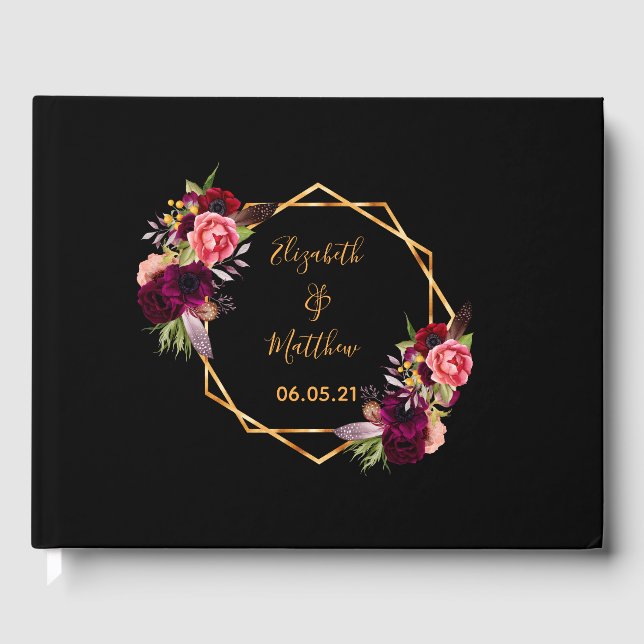 Wedding black gold geometric floral burgundy guest book (Front)