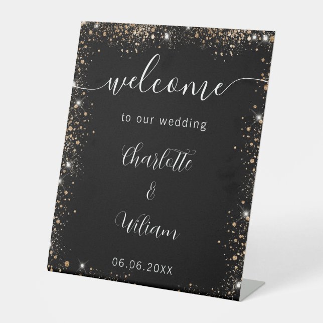 Wedding black gold glitter names script welcome pedestal sign (Front)