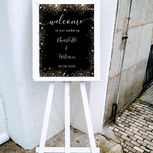 Wedding black gold glitter names script welcome poster