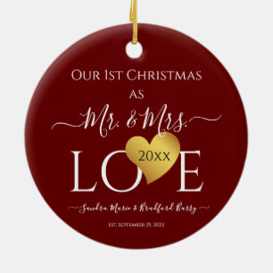 Wedding Black Gold Heart christmas Name Mr  Mrs Ce Ceramic Tree Decoration