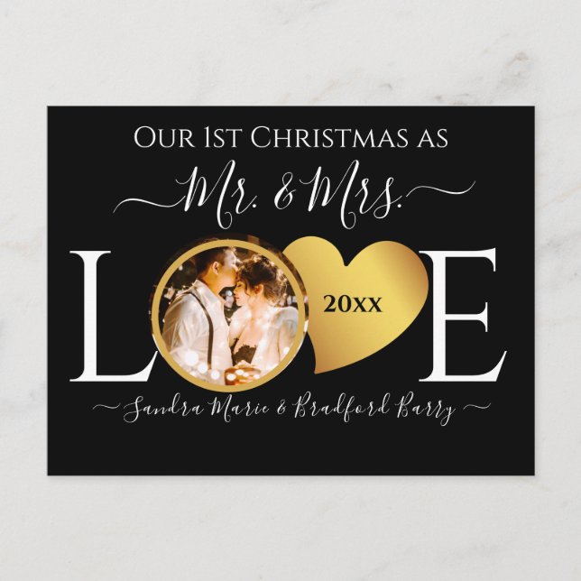 Wedding Black Gold Heart Christmas Name Mr  Mrs Ce Holiday Postcard (Front)