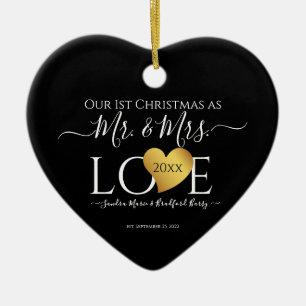 Wedding Black Gold Heart Christmas Name Mr  Mrs Ceramic Tree Decoration