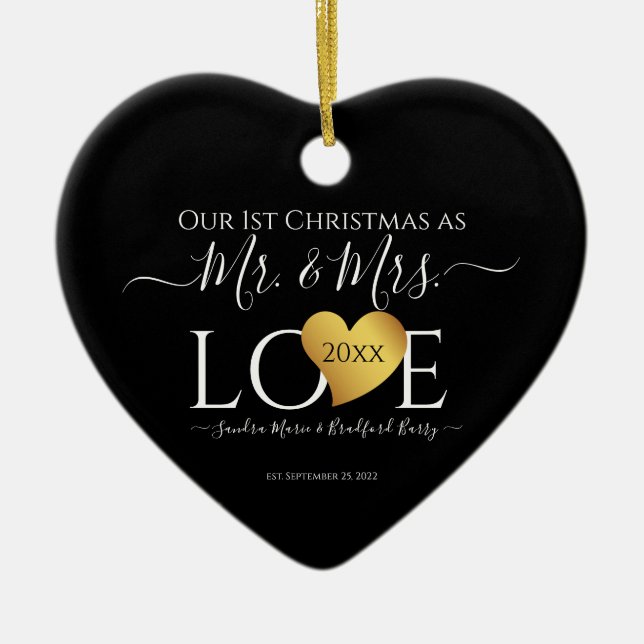 Wedding Black Gold Heart Christmas Name Mr  Mrs Ceramic Tree Decoration (Front)