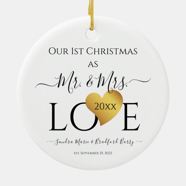 Wedding Black Gold Heart christmas Name Mr  Mrs Ceramic Tree Decoration (Back)