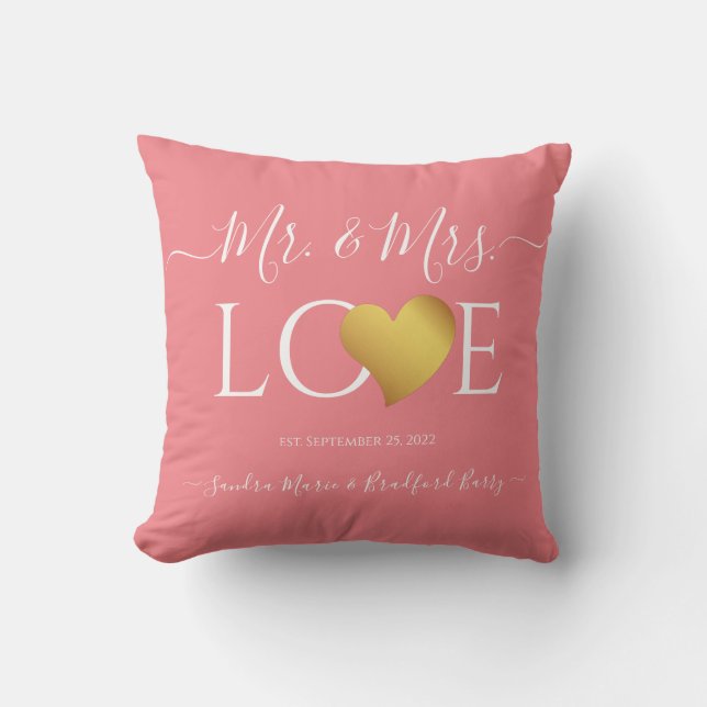 Wedding Black Gold Heart Script Name Mr. and Mrs.  Cushion (Front)