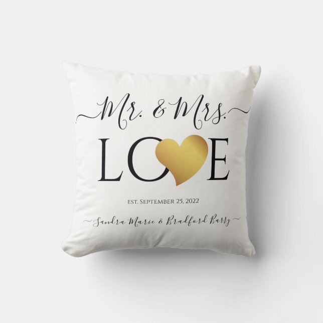Wedding Black Gold Heart Script Name Mr. and Mrs.  Cushion (Front)