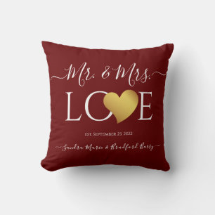 Wedding Black Gold Heart Script Name Mr. and Mrs.  Cushion