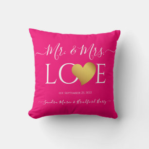Wedding Black Gold Heart Script Name Mr. and Mrs. Cushion