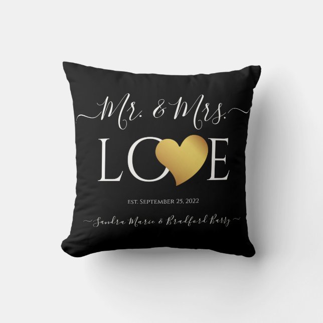 Wedding Black Gold Heart Script Name Mr. and Mrs. Cushion (Front)